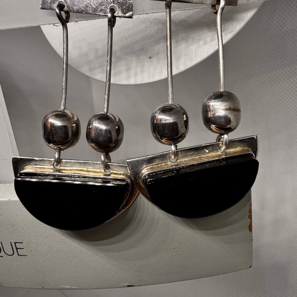 Vintage Taxco earrings sterling silver dangle pendulum onyx modernist - Picture 7 of 13